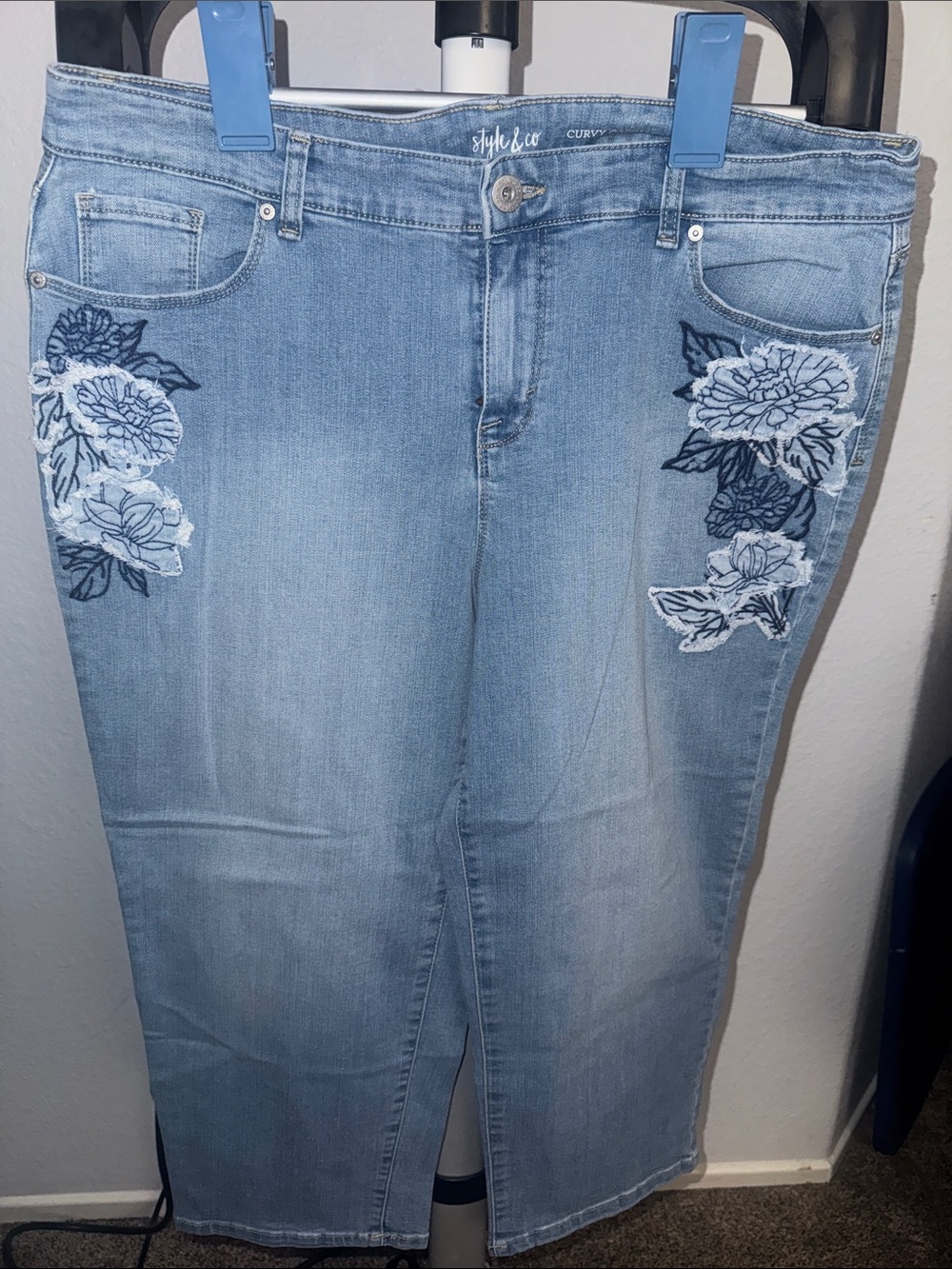 Style & Co. Light Blue Straight-Leg Jeans with Navy Floral Embroidery